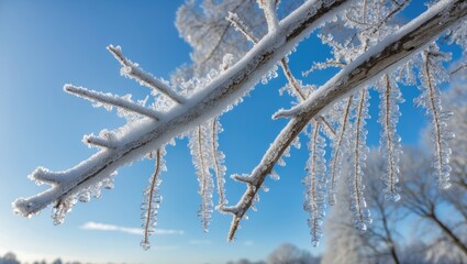 Detailed view of tree branches covered in frost