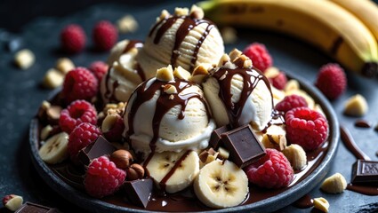 Delectable banana split dessert adorned with vivid toppings, presenting ice cream, banana slices, and chocolate syrup in an overhead arrangement.