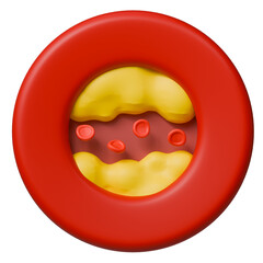 Obraz premium Clinical chemistry 3d icon. Artery blocked by LDL cholesterol plaque with red blood cells inside.