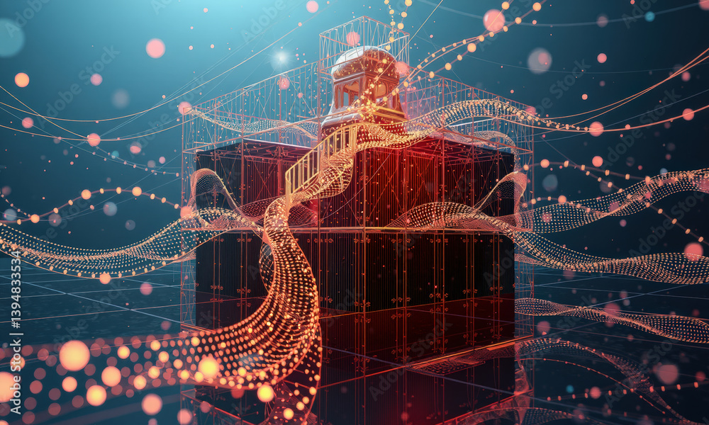 Poster digital representation of futuristic structure with flowing lines and particles, showcasing advanced