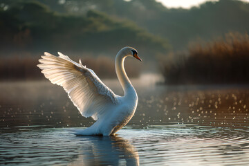 Elegant Swan Landing on Serene Lake in Springtime Sussex