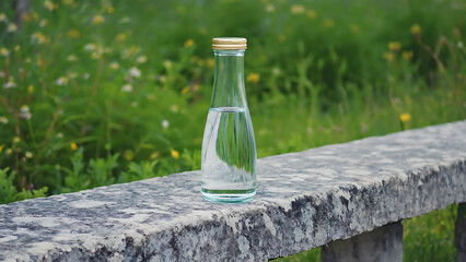 Glass bottle with water on a stone surface