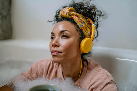 Bubbly Relaxation with a Biracial Woman in Bathtub - Powered by Adobe