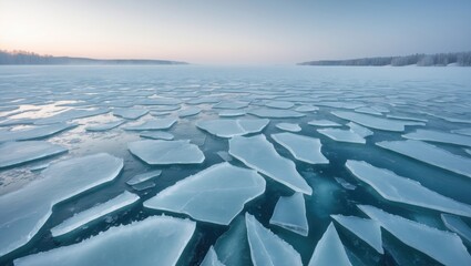 Frozen scenery, lake or river blanketed in ice.