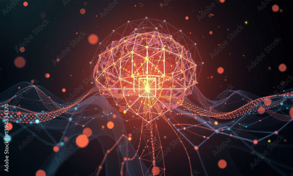 Poster digital representation of brain composed of interconnected lines and nodes, symbolizing artificial i