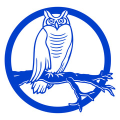 Owl branch tree sits forest full moon night round Isolated Vector Graphic Design Illustration
