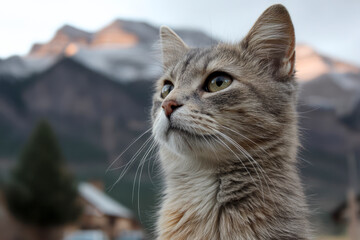 Fototapeta premium Charming Cat in Front of a Stunning Mountain Landscape