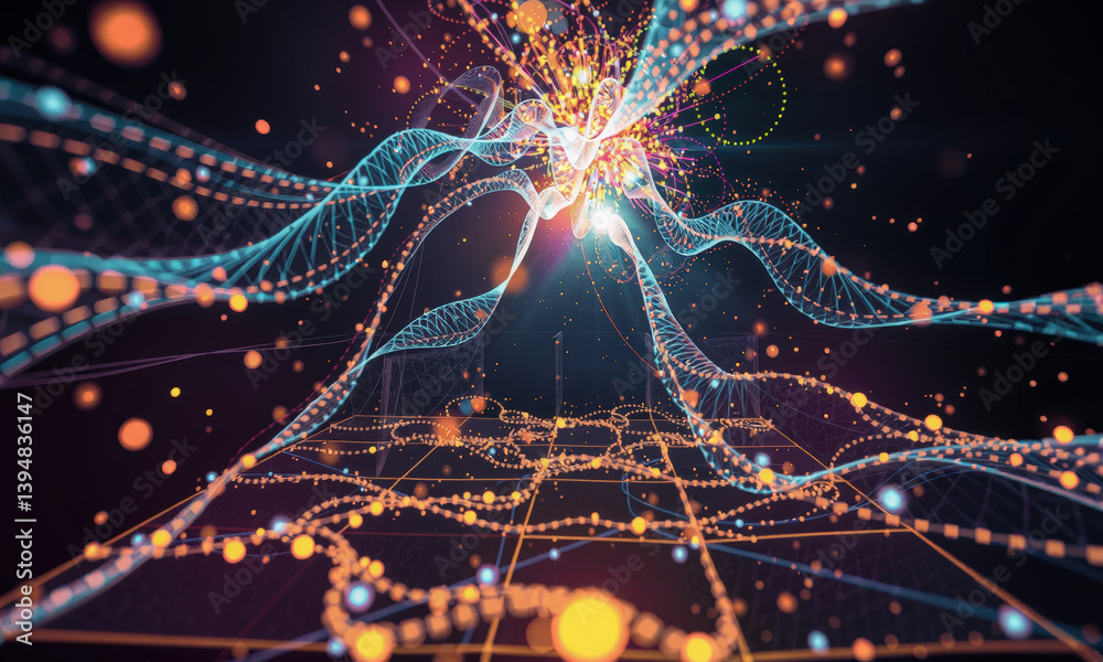Poster vibrant digital visualization of interconnected lines and glowing dots, representing data flow and s