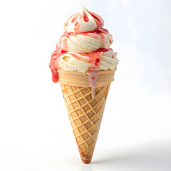 Colorful ice cream cone with strawberry syrup topping in clear background