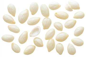 White sesame seeds scattered on white background.  Close-up view of whole and halved seeds