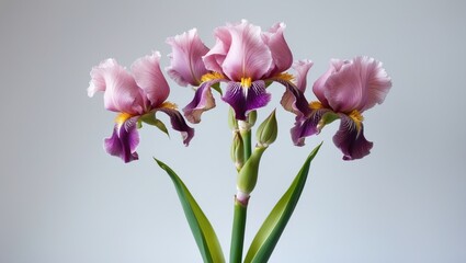 Obraz premium Isolated studio shot of an Iris plant with four rosebud petals in pink-purple brown on a tall green trunk, close-up.