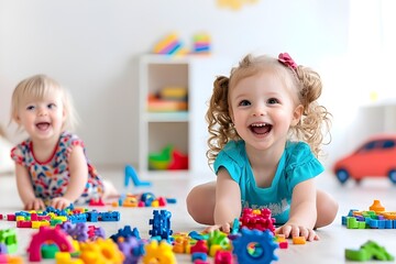 Fototapeta premium Happy laughing children playing educational games and assembling building blocks on the floor for motor skills development