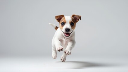 Snapshot of a delightful playful puppy in action, jumping isolated on a white studio background. Concept involving movement, beauty, veterinary, pets, and animal life. Ad space included.