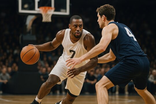 Intense basketball game action shot.