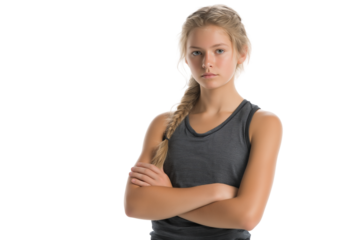 determined young woman with braided hair arms crossed isolated on transparent white background
