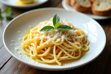 A delicately arranged plate of spaghetti, topped with grated cheese and fresh herbs, invites the viewer to savor the simplicity and elegance of Italian cuisine
