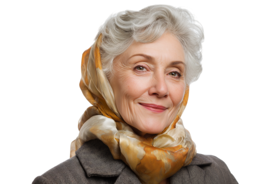 charming senior woman with smile donning patterned scarf and gray coat isolated on transparent white background