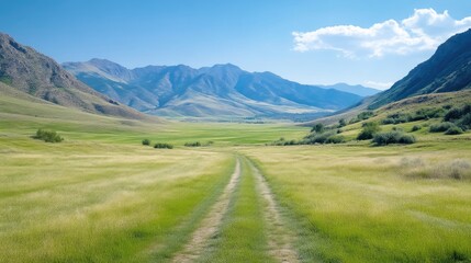 A dirt road winding through expansive green valley with distant mountain range, clear blue sky and scattered clouds, and serene landscape composition.