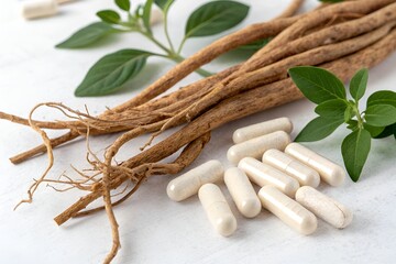 Ashwagandha roots and capsule 