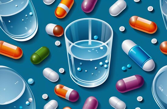 Um copo de &aacute;gua e diversas capsulas e comprimidos representando rem&eacute;dios. Medicina, excesso de medicamentos, suplementos, vitaminas. Arte ilustra&ccedil;&atilde;o para laborat&oacute;rios e clinicas m&eacute;dicas e nutirionais