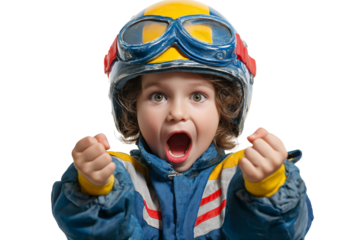  child wearing helmet with excitement look isolated on transparent white background