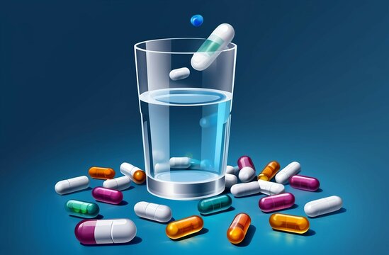 Um copo de &aacute;gua e diversas capsulas e comprimidos representando rem&eacute;dios. Medicina, excesso de medicamentos, suplementos, vitaminas. Arte ilustra&ccedil;&atilde;o para laborat&oacute;rios e clinicas m&eacute;dicas e nutirionais