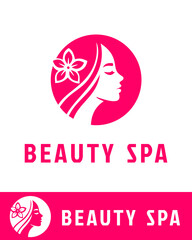 Elegant beauty spa logo design featuring a feminine face silhouette with floral accents and flowing hair in a pink circle