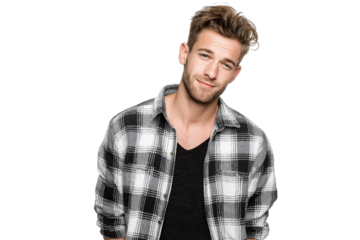 Confident and stylish young man wearing checkered shirt isolated on transparent white background