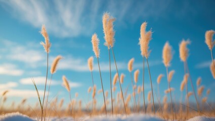 In the cold winter breeze, tall golden grasses flutter softly, their fine forms highlighted by a bright blue sky. This serene landscape promotes contemplation and a strong connection to the outdoors.