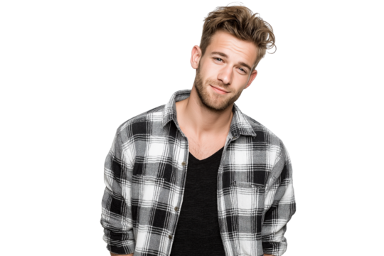 Confident and stylish young man wearing checkered shirt isolated on transparent white background