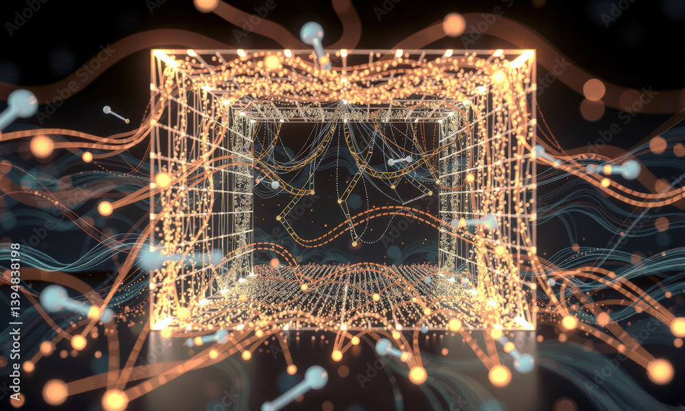 Poster captivating digital visualization of three dimensional space filled with glowing lines and particles