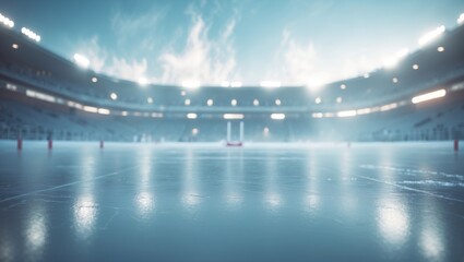 Fototapeta premium ICE HOCKEY VENUE BACKGROUND, WINTER ATHLETIC FIELD, COLD BLUE FROSTY ENVIRONMENT