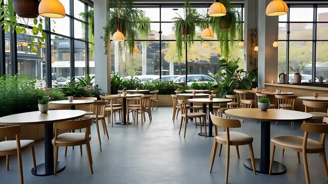 Bright modern caf&eacute; interior with wooden tables and chairs, large glass windows, hanging plants, and warm pendant lighting during daytime

