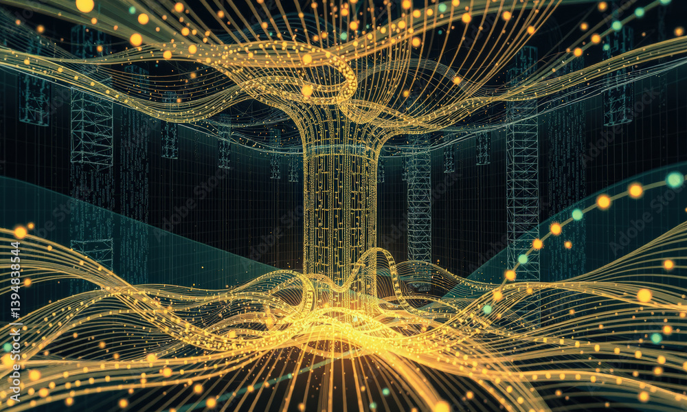 Poster mesmerizing digital representation of interconnected lines and glowing particles, symbolizing data f