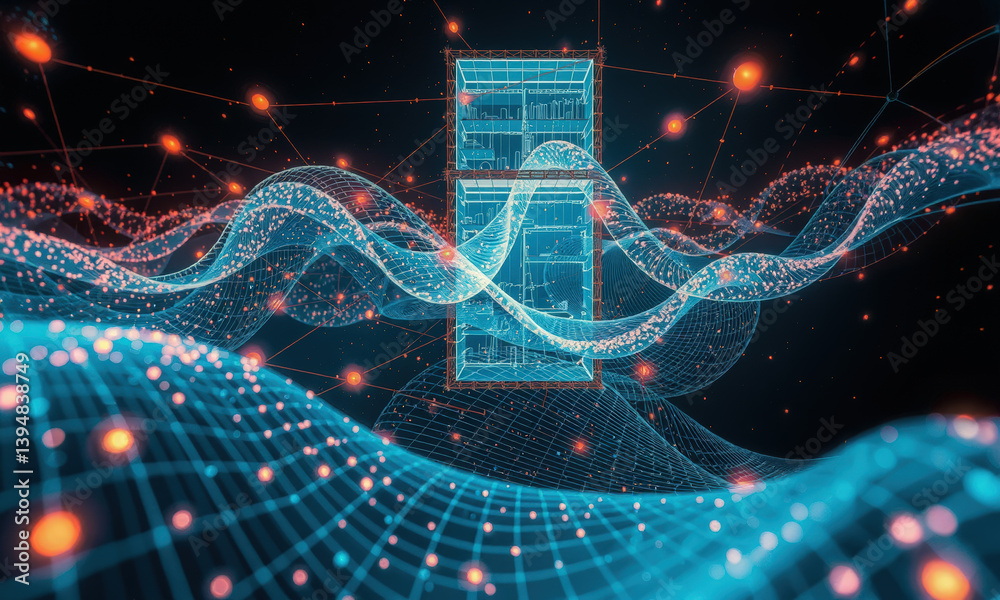 Poster futuristic digital landscape featuring 3d structure surrounded by flowing waves and interconnected n
