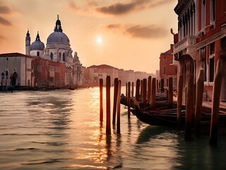 Gondolas Parked in Venice at Sunrise