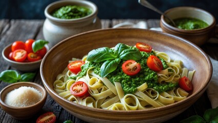 A large bowl of pasta tagliatelle featuring basil, pesto, parmesan cheese, and tomatoes, viewed from above with surrounding ingredients