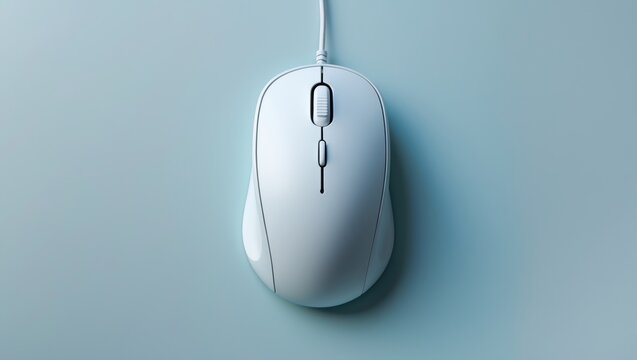 Trendy wired mouse positioned on a light blue background, aerial view