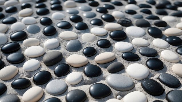 A zoomed-in perspective of a stone path with a mix of black and white pebbles embedded in the soil, resulting in a sophisticated design.