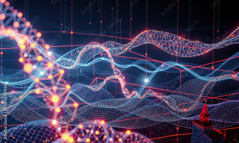 Poster vibrant digital landscape showcasing interconnected lines and nodes, representing data flow and spat