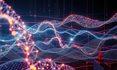 vibrant digital landscape showcasing interconnected lines and nodes, representing data flow and spatial visualization in technology. scene evokes sense of innovation and complexity