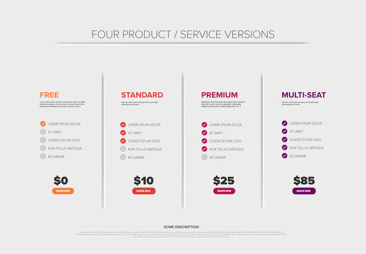 Four Product or Service Pricing Versions Table - Free, Standard, Premium, and Multi-Seat, each labeled with prices and features