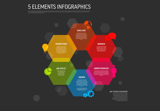 Colorful dark 5 Element Infographic Design Template with flat Hexagon Layout