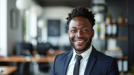 Fototapeta premium African American professional businessman smiling in modern office background 