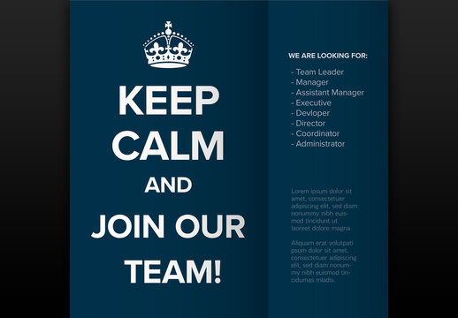 Job Recruitment Advertisement with Motivational Message Keep calm and join our team! We are hiring now! Dark version
