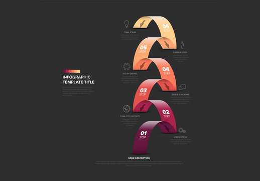 Six Step Gradient Infographic Template Design with six red step process jumps on dark background