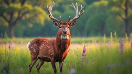 Obraz premium Huge red stag deer within the tall grass of the national park