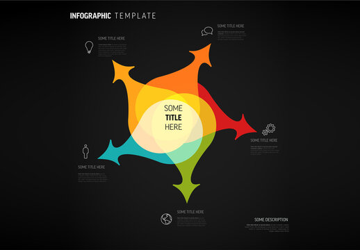 Colorful Infographic Template with Overlapping Arrows pointing to five directions on dark background