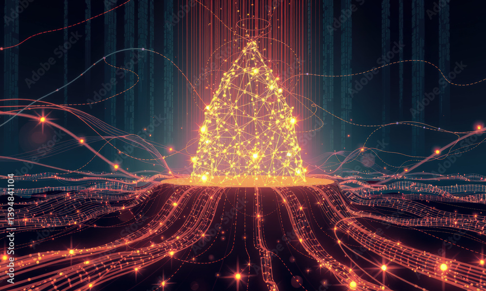 Poster glowing pyramid made of interconnected lines and dots, surrounded by flowing data streams and dark f