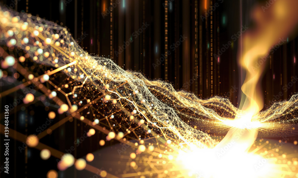 Poster stunning visualization of abstract data patterns, featuring glowing lines and nodes in dynamic wave 